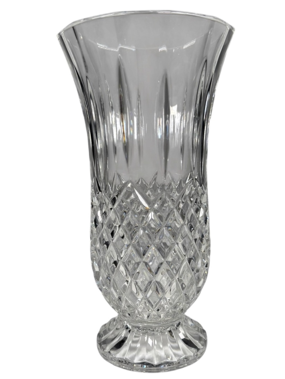 Vintage 12” Crystal Vase Clear Cut Glass Flared Pedestal Diamond Pattern